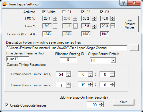 Lumaview dialog box for starting a time-lapse series